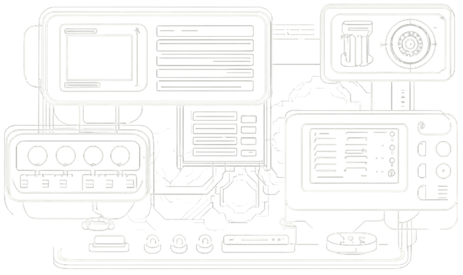 Illustration of connected computer dashboards and digital interfaces