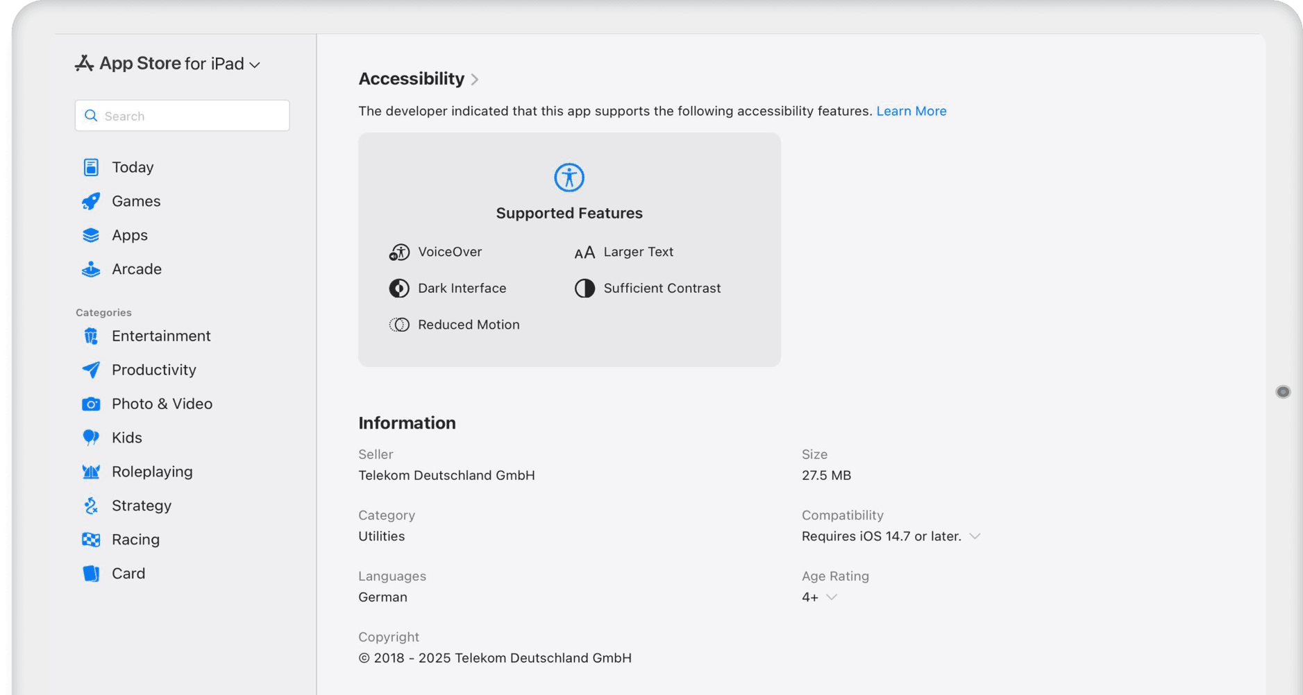 Screenshot of accessibility information in App Store on tablet