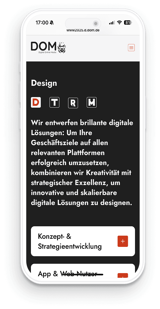 Screenshot DOM website in dark mode on mobile